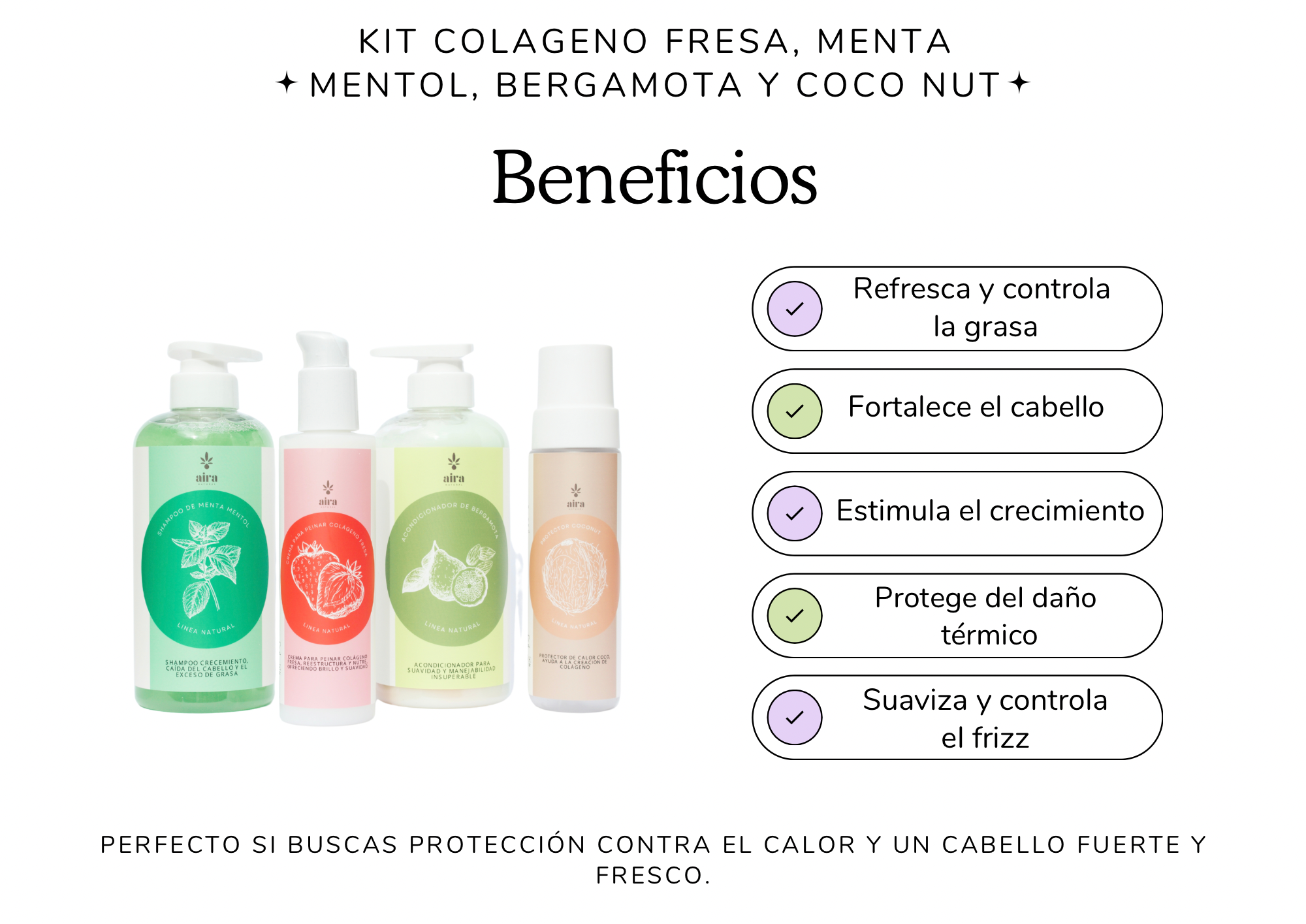 Kit menta mentol, colágeno fresa, bergamota, coco nut (Reparación y Control de Grasa)